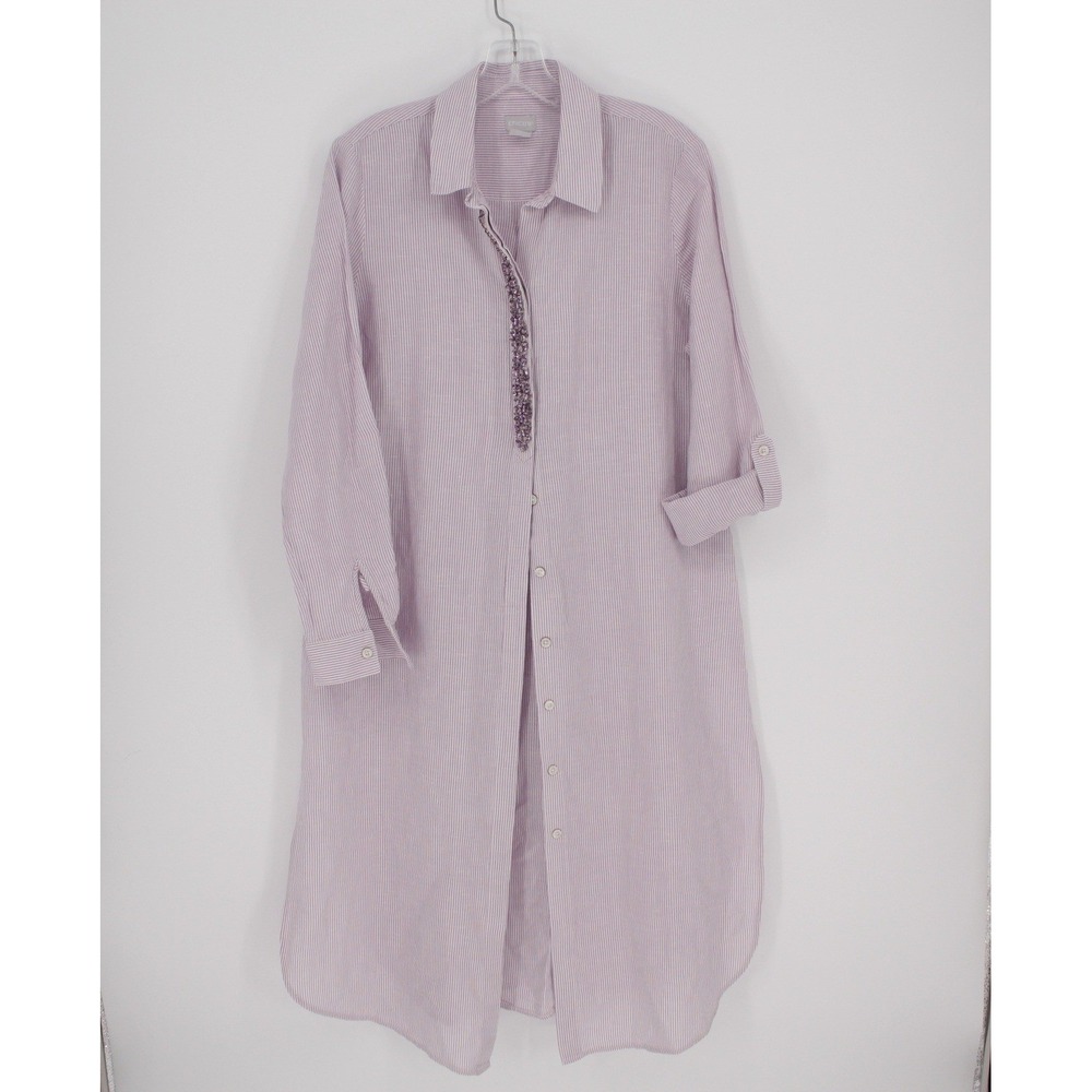 Chico's Women's Purple Striped Beaded Linen Blend Tunic Shirt Size 1 (M-L 8/10)